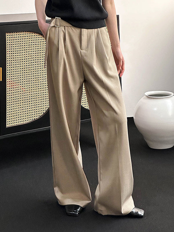 High Waisted Loose Belt Buckle Solid Color Suit Pants Trousers