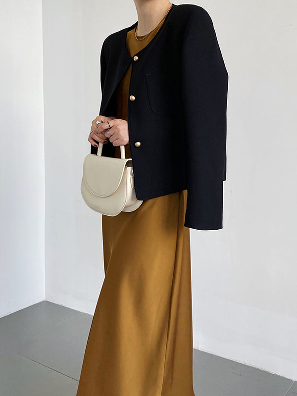 Original Creation Long Sleeves Loose Buttoned Solid Color Round-Neck Outerwear