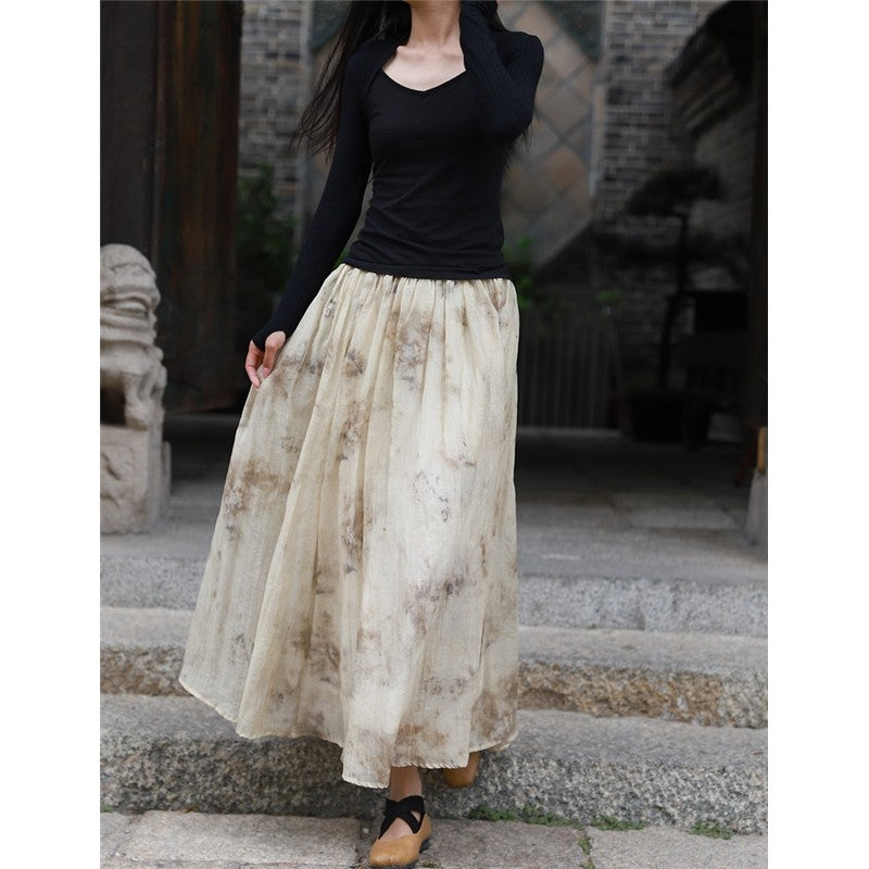 Vintage Tie-Dye Plant Ink Printed Maxi Skirt