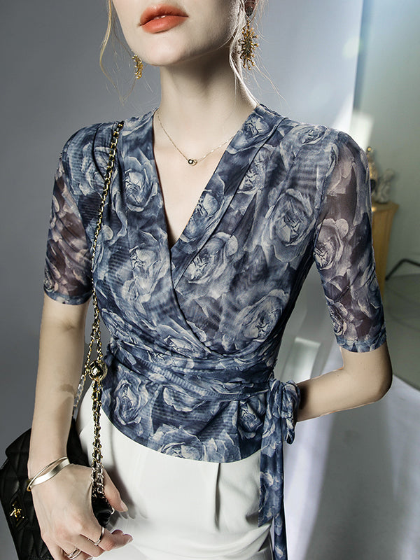 Half Sleeves Plus Size Flower Print Mesh Tied V-Neck Blouses&Shirts Tops