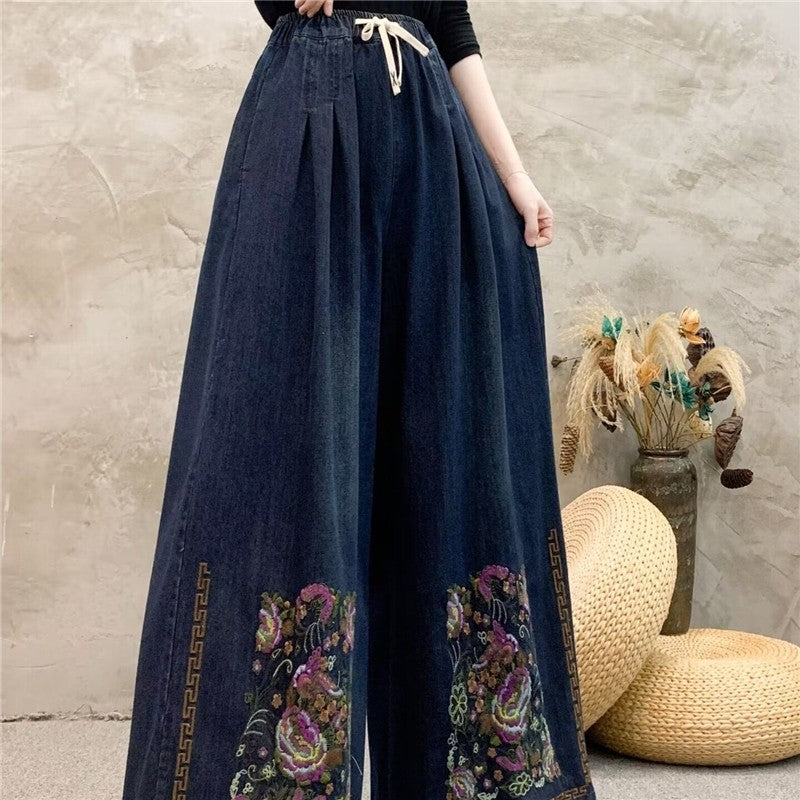 Embroidered Floral High-Waisted Wide-Leg Pants