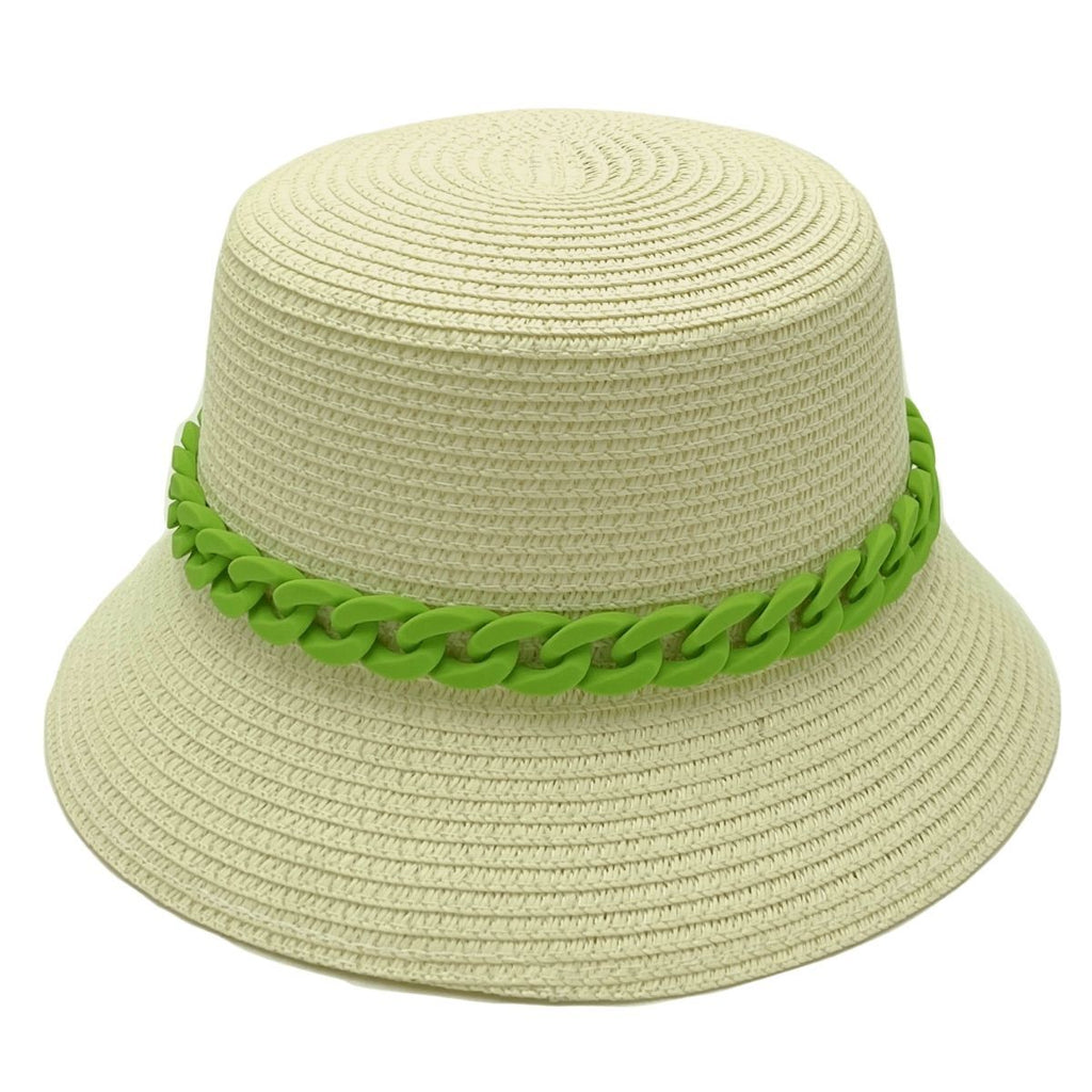 Straw Bucket Hat Green Chain Detail Stylish Casual Accessory