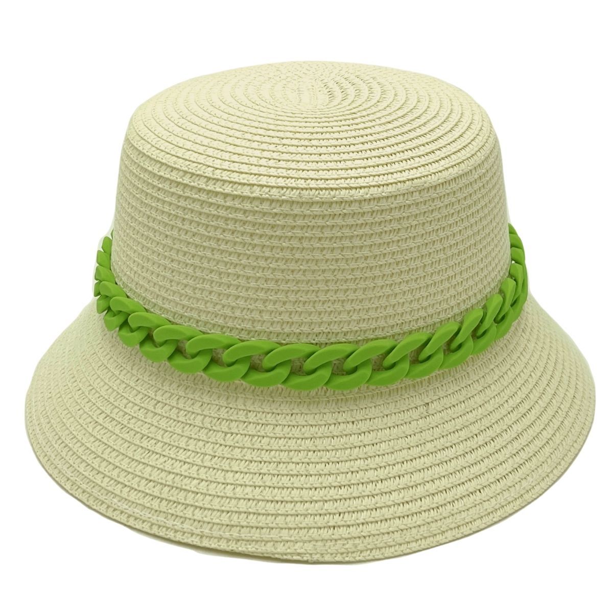 Straw Bucket Hat Green Chain Detail Stylish Casual Accessory