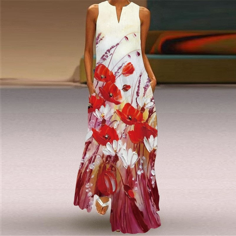 Sleeveless V-Neck Floral Print Casual Dress