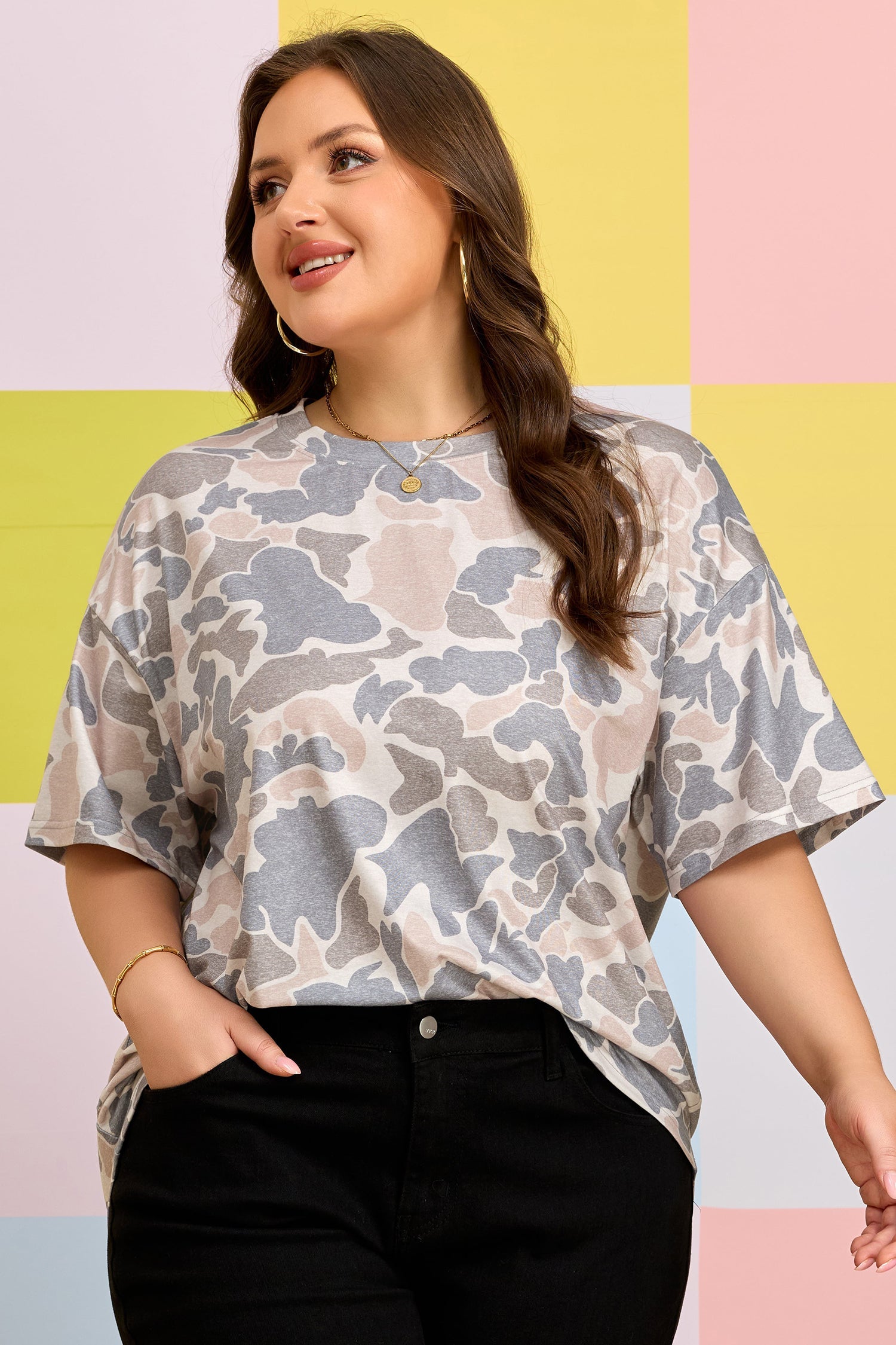 Multicolour Retro Camouflage Print Plus Size T Shirt