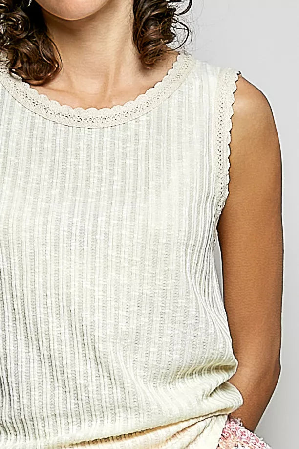 Ribbed Round Neck Tank with Lace Trim