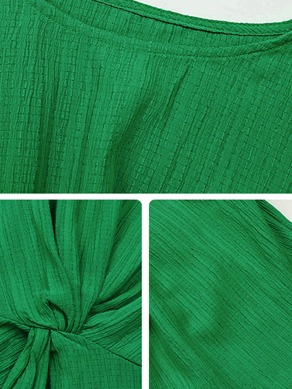 Loose Short Sleeves Knot Solid Color Textured Round-Neck T-Shirts Tops
