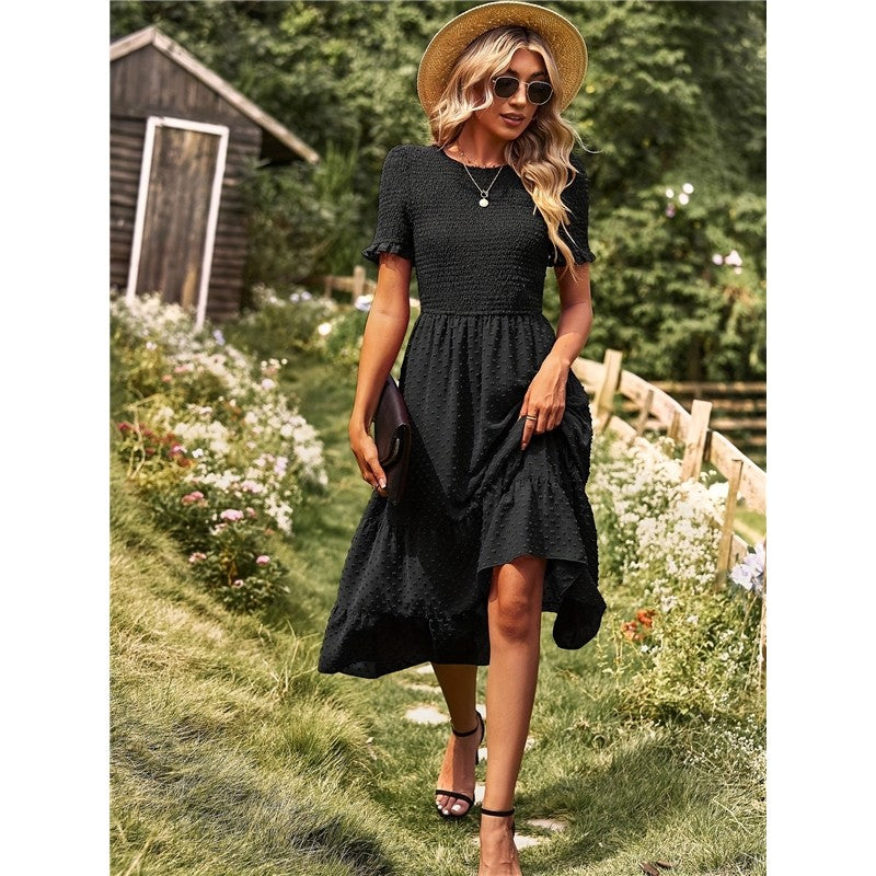 Solid Color Short Sleeve Round Neck Midi Dress for Women