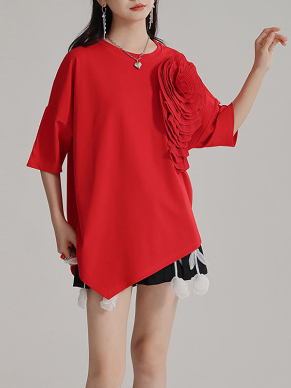 Loose Short Sleeves Asymmetric Solid Color Three-Dimensional Flower Round-Neck T-Shirts Tops
