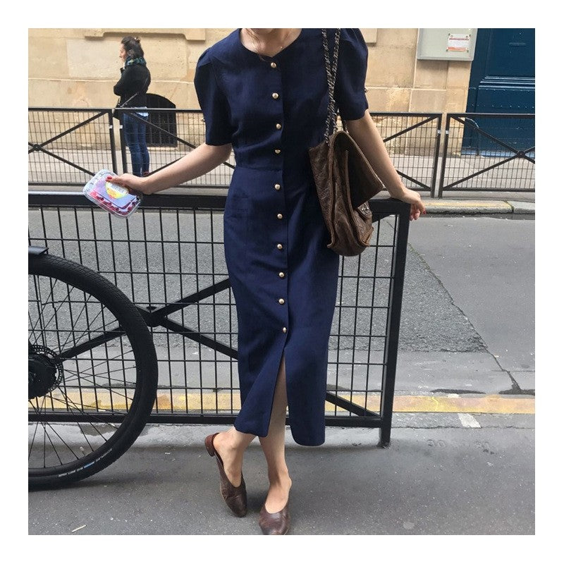 Solid Color Elegant Linen Dress with Slim Waist Fit