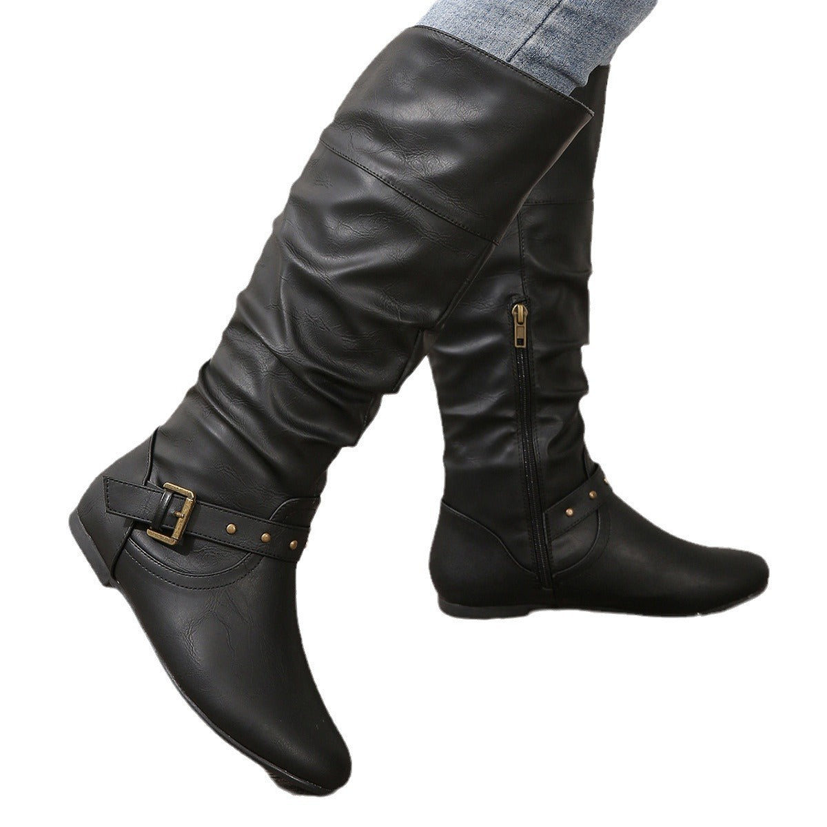 Women's Retro Belt-Buckle Leather Boots - Round Toe Chunky Heel Winter Boots