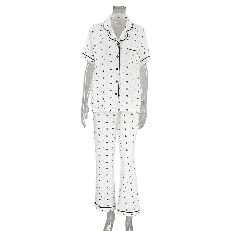 Home Wear Set: Printed Short Sleeve Top with Long Pants