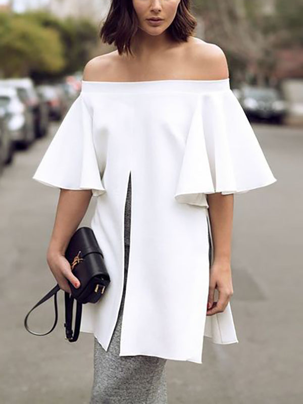 Flared Sleeves Half Sleeves Elasticity Solid Color Split-front Split-side Off-the-shoulder Blouses&shirts Tops