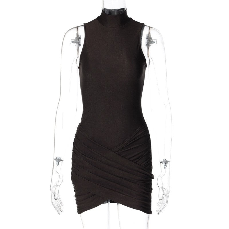 Solid Color Zippered Stand Collar Bodycon Skirt with Pleats