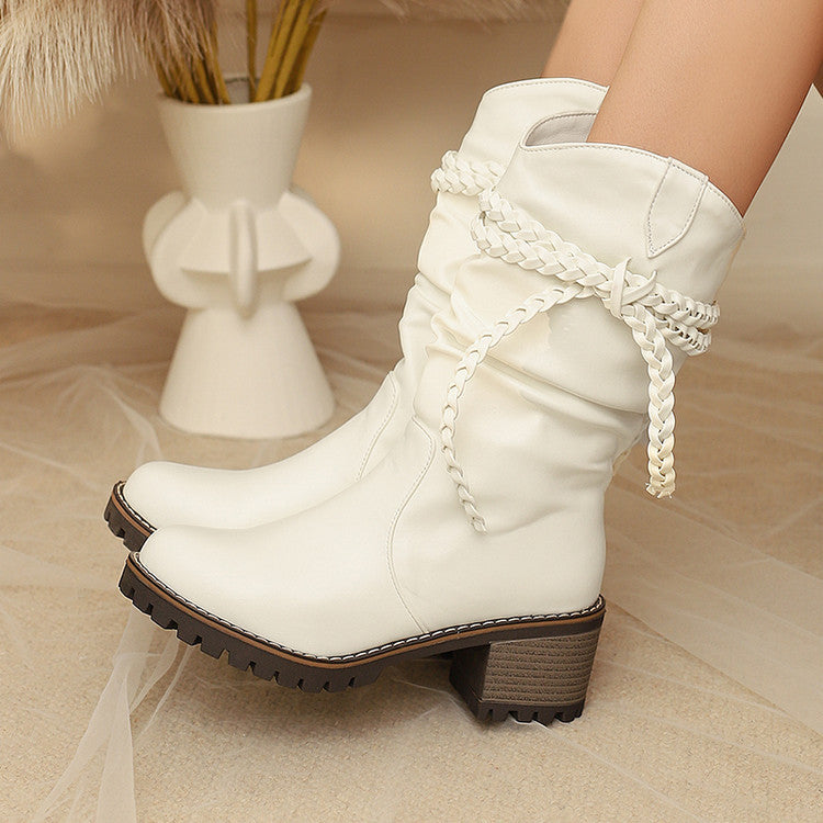 Women's Knitted Strap Mid-Calf Boots With Chunky Heels | Black & White