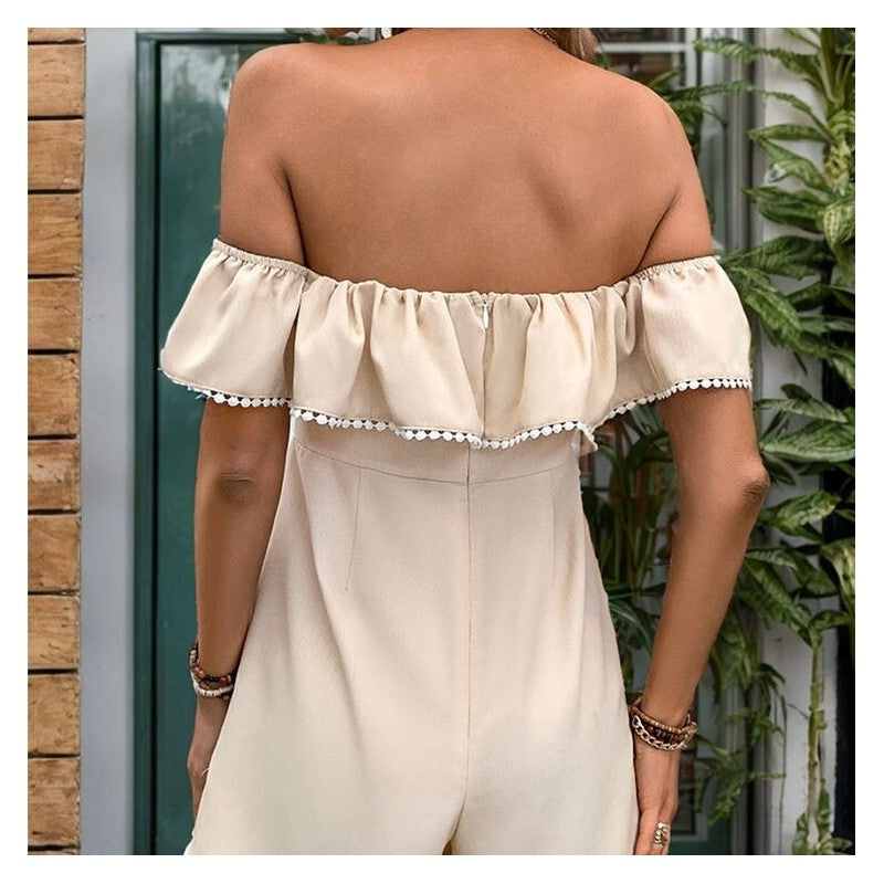 One-Shoulder Ruffle Detail Solid Color Jumpsuit