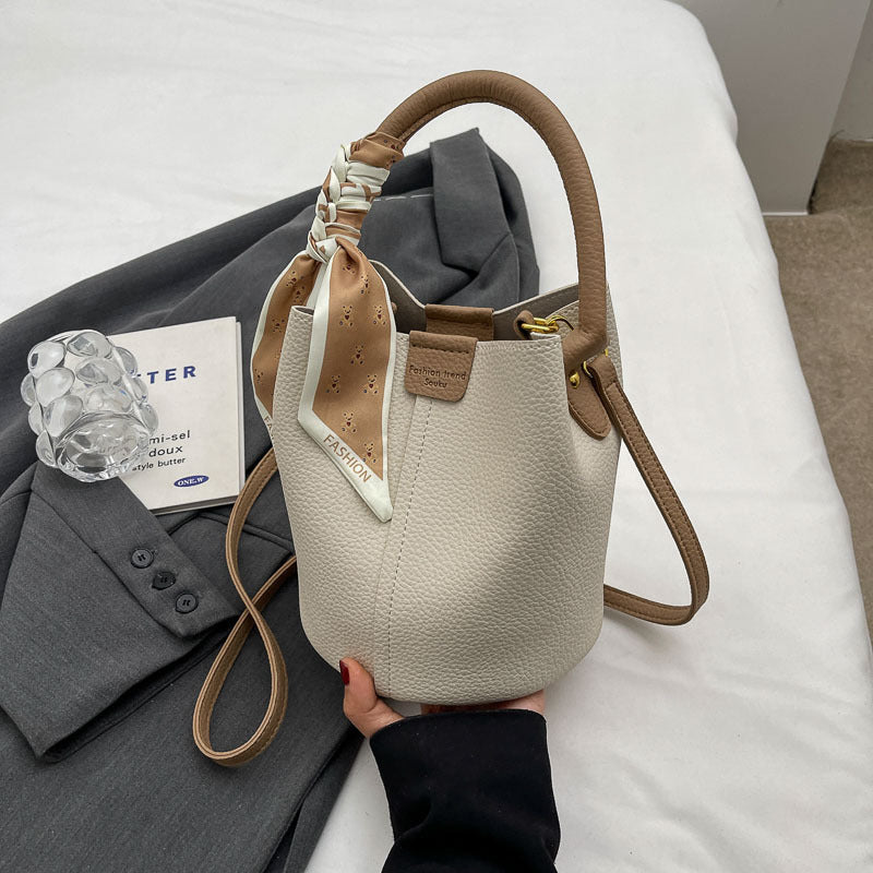 Women's PU Leather Bucket Tote Bag with Silk Scarf Detail – Everyday Shoulder Handbag