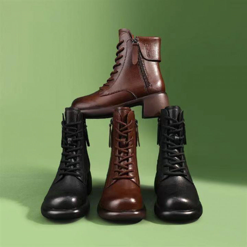 Women's Vintage Chunky Heel Ankle Boots | Microfiber Leather Side Zipper Low-Top