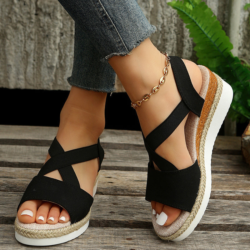 Wedge Sandals Cross-Strap Platform Gladiator Hemp Heel Shoes