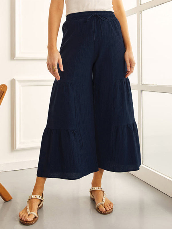 High Waisted Loose Drawstring Elasticity Pleated Solid Color Split-Joint Pants Trousers