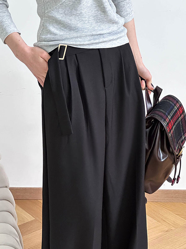 High Waisted Loose Belt Buckle Solid Color Suit Pants Trousers