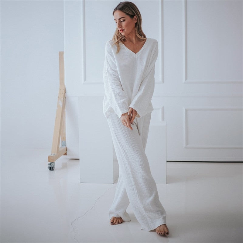 White Long-Sleeve Long Pants Pajama Set