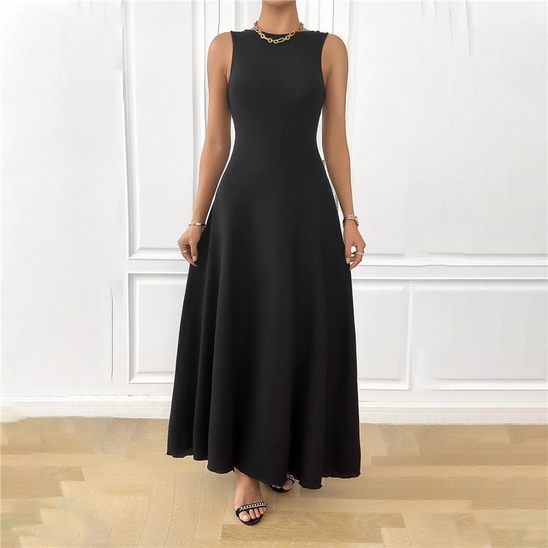Solid Color Crewneck Sleeveless Backless Bandage Maxi Dress