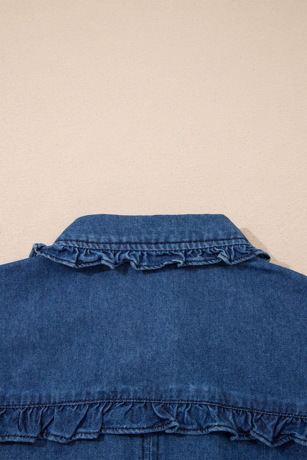 Sail Blue Ruffled Edge Collared Shift Denim Dress with Pockets