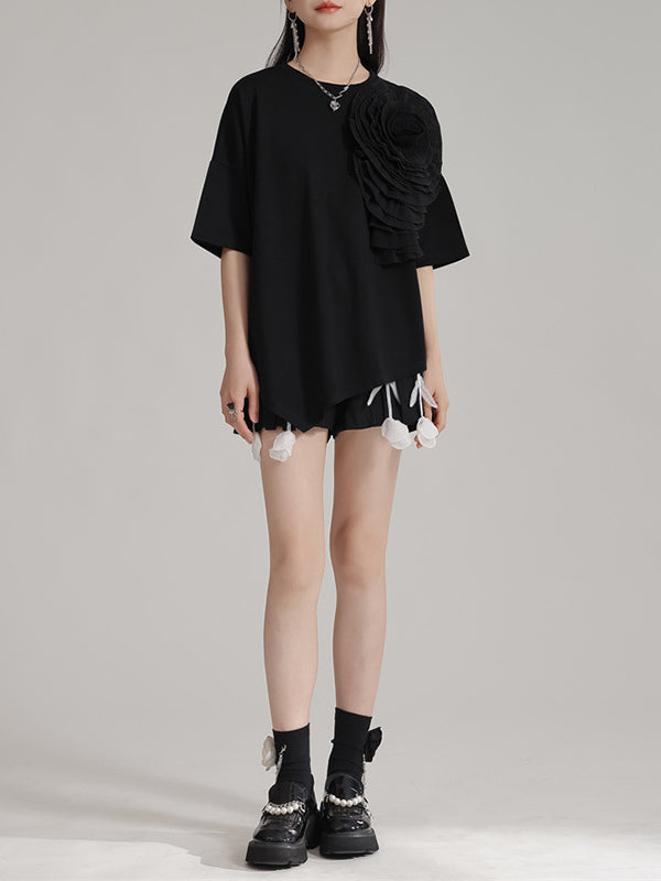 Loose Short Sleeves Asymmetric Solid Color Three-Dimensional Flower Round-Neck T-Shirts Tops
