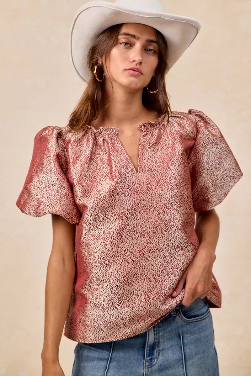 Jacquard Woven Short Balloon Sleeves V Neck Top