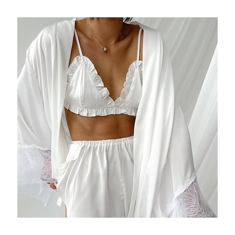 Lace-Trimmed Lingerie Set with Matching Robe and Shorts
