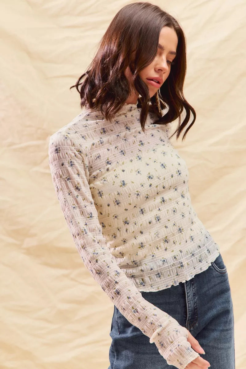 Floral Print Textured Long Sleeve Knit Top