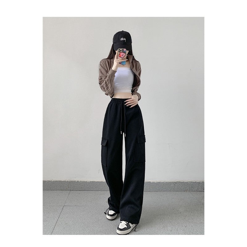 Casual Loose Fit Solid Color Cargo Pants with Elastic Waistband