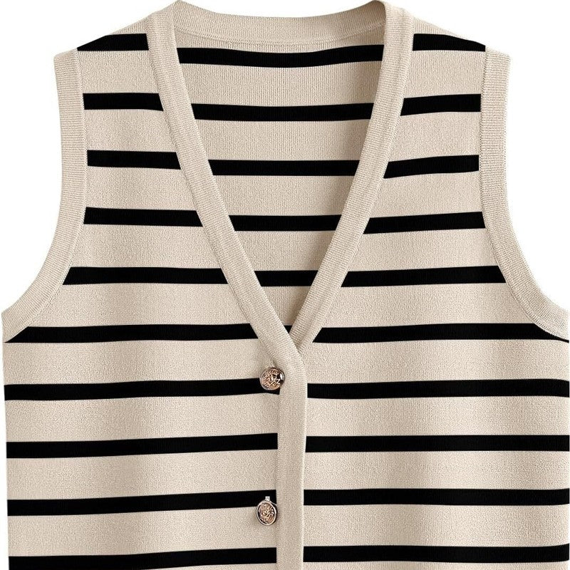 Chic Striped Sleeveless Button-Up Cardigan