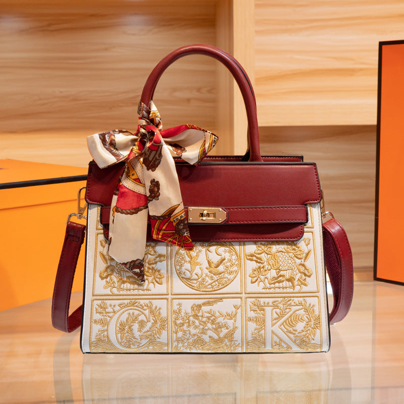 Embroidered Chinese-Style Crossbody Bag for Women - PU Leather Shoulder Bag with Zipper Closure