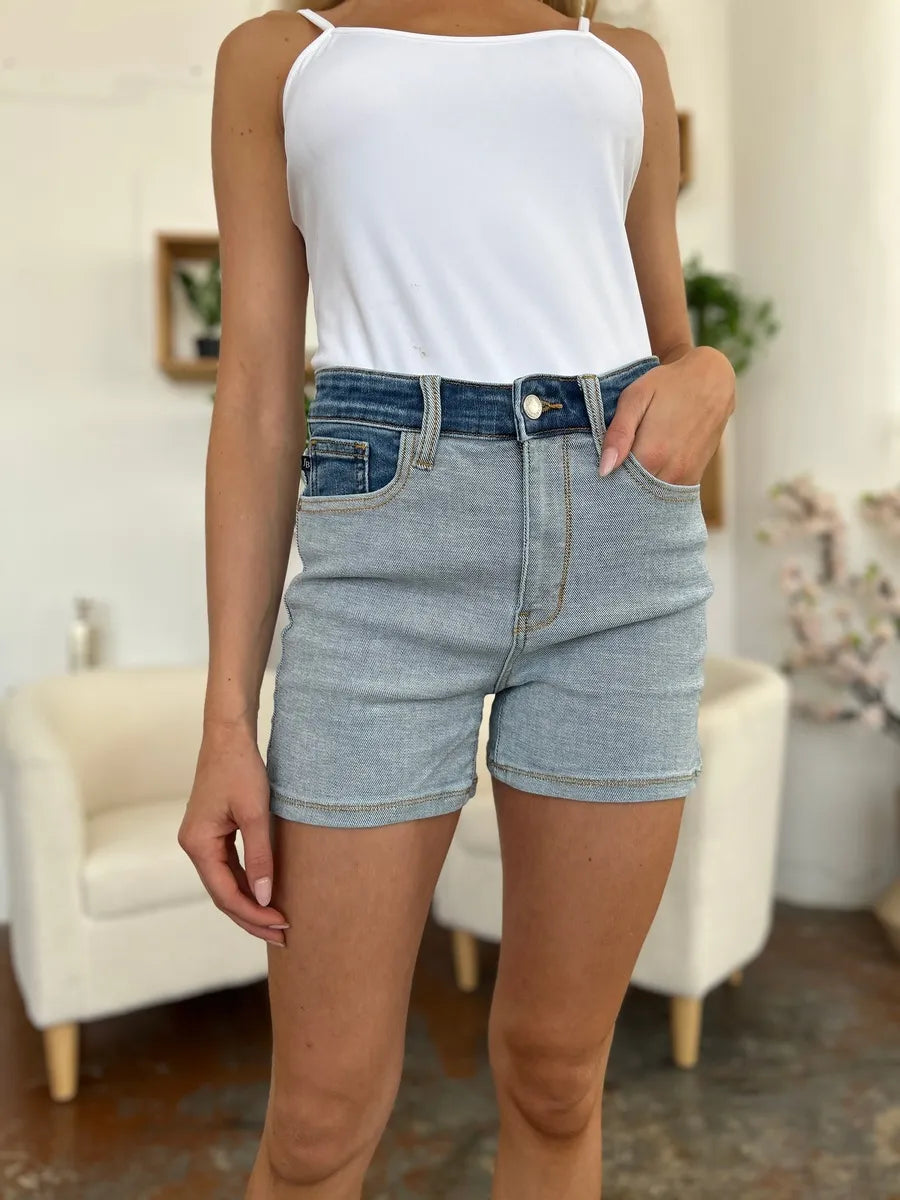 Full Size Color Block Denim Shorts
