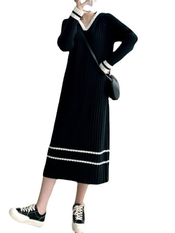 Urban Long Sleeves Loose Striped V-Neck Hooded Sweater Dresses