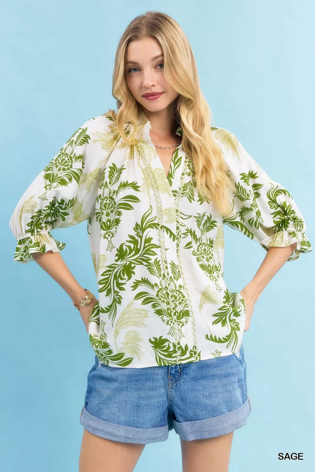 Leafy Damask Print Blouse with Contrast Scalloped Trim Detail