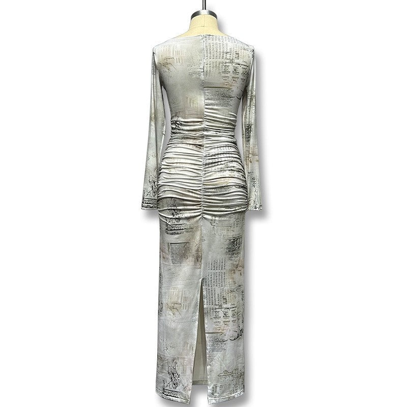 Floral Print Bodycon Long Sleeve Round Neck Dress