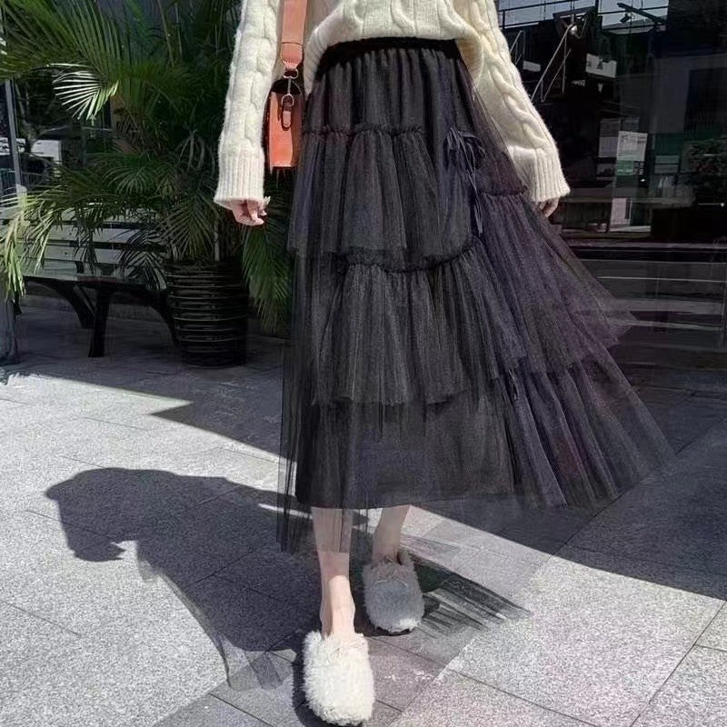 Solid Color Elastic Waist Mesh Patchwork Cake Skirt