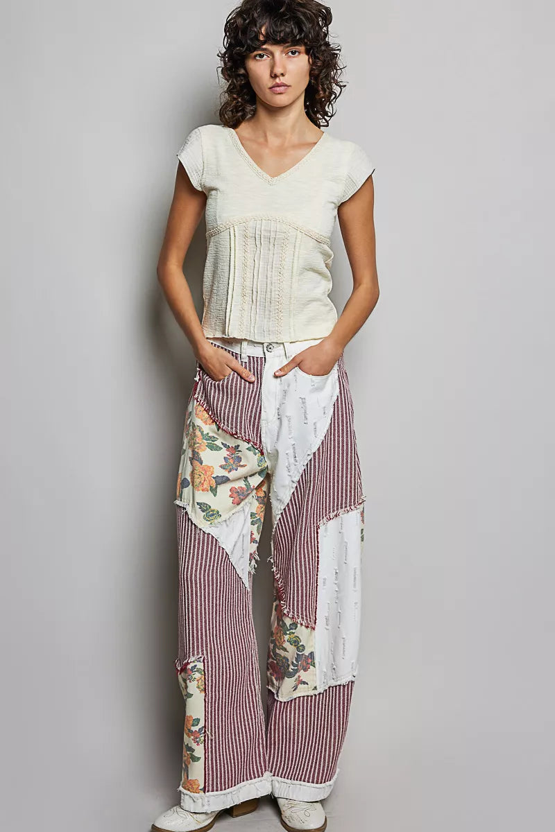 V-Neck Lightweight Textured Short Sleeve Knit Top with Lace Trim