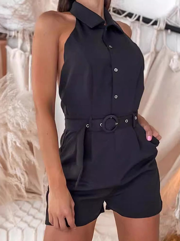 Loose Sleeveless Back Cross Belted Buttoned Pockets Solid Color Halter-Neck Rompers
