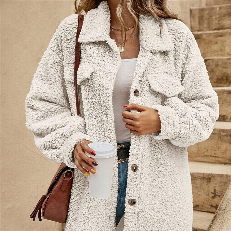 Solid Color Lapel Woolen Open-Front Overcoat