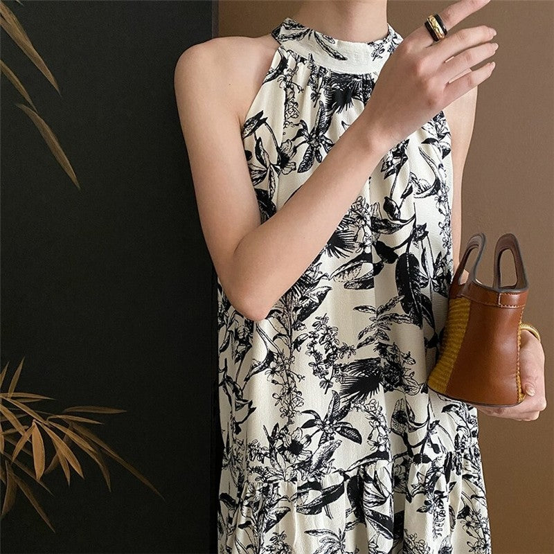 Watercolor Floral Sleeveless Halter Dress