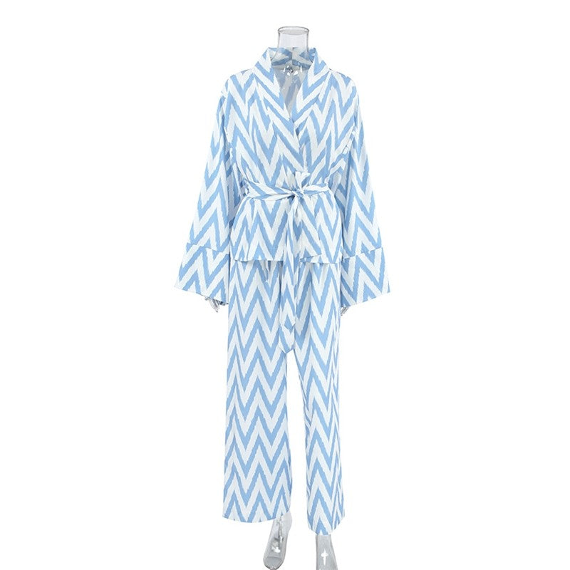 Floral Printed Long-Sleeve Top and Matching Long Pants Pajama Set