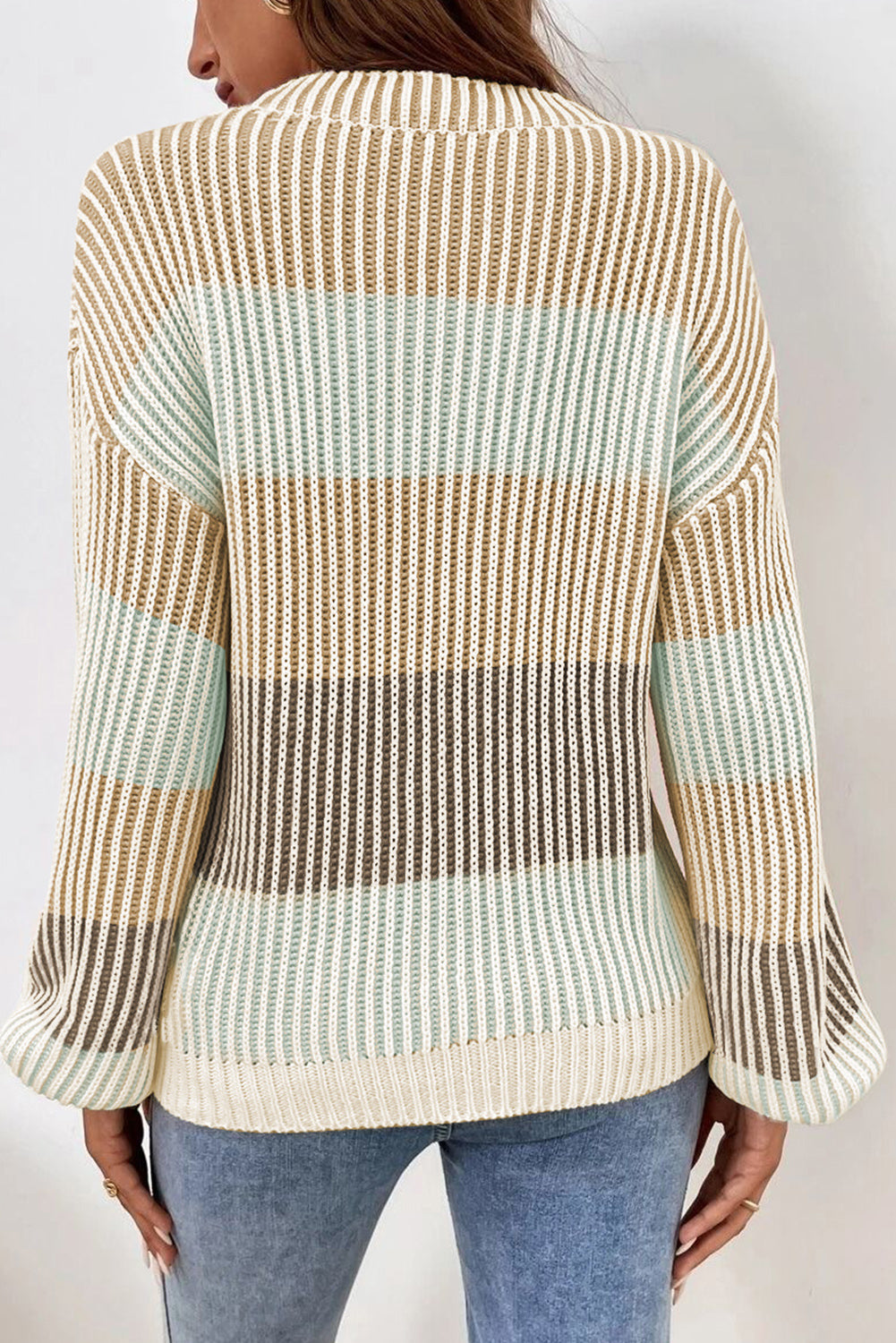Pink Colorblock Lantern Sleeve Rib Knitted Sweater