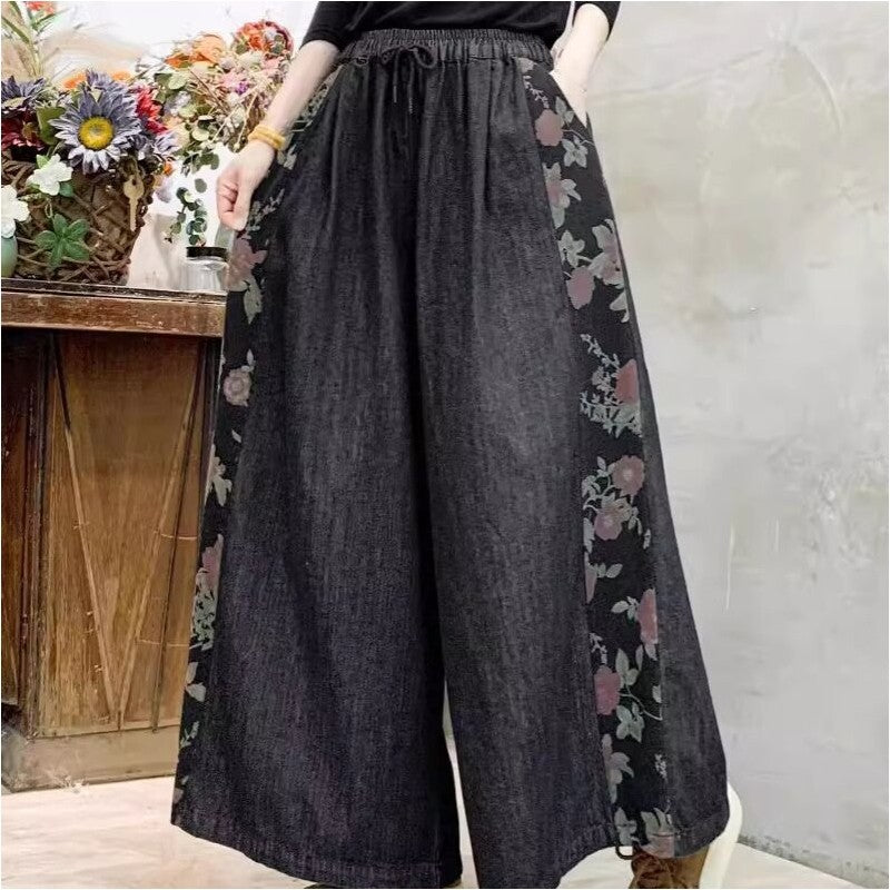 High Waisted Tie-Waist Wide Leg Pants With Floral Print