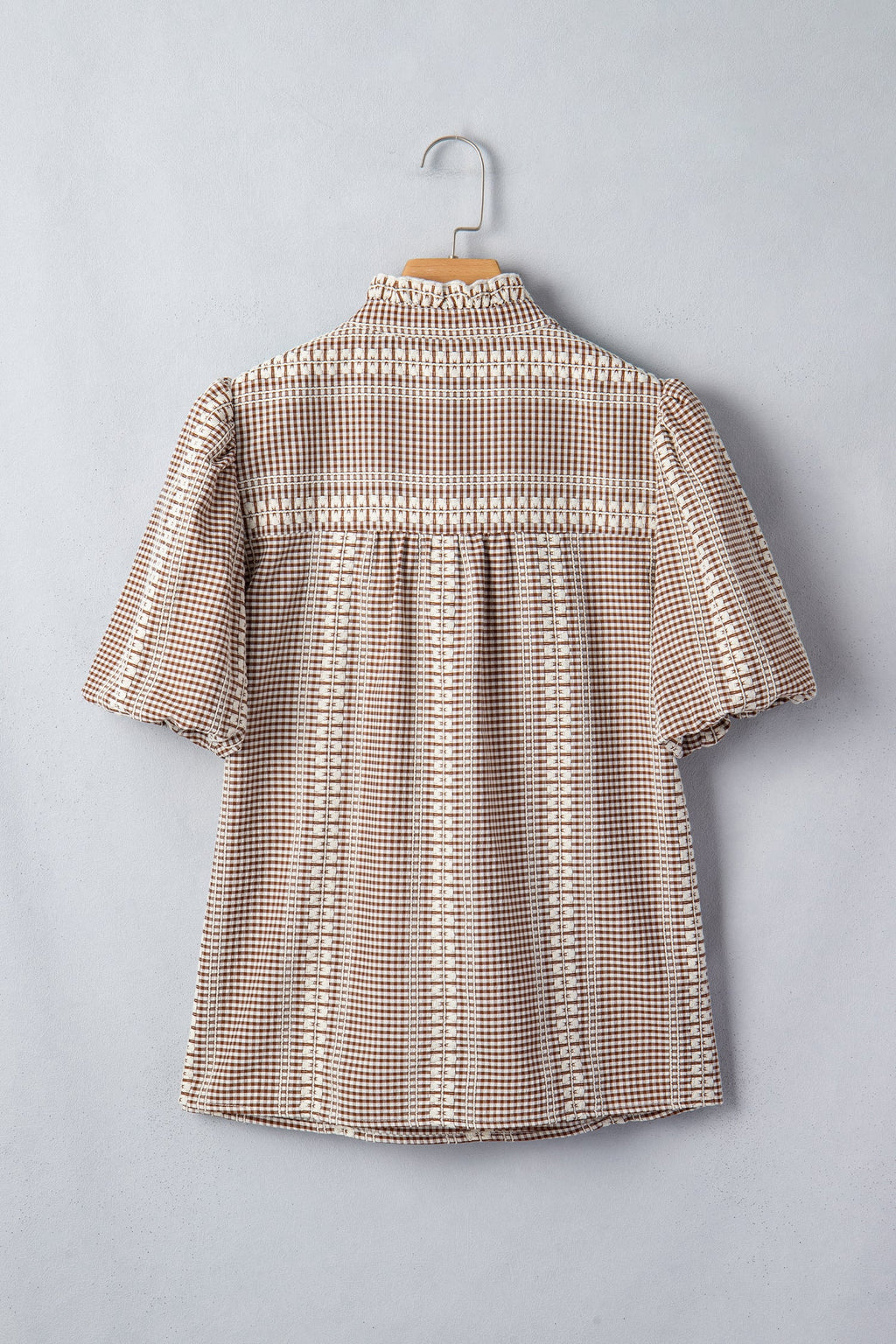 Brown Western Pony Embroidered Yoke Puff Sleeve Gingham Blouse