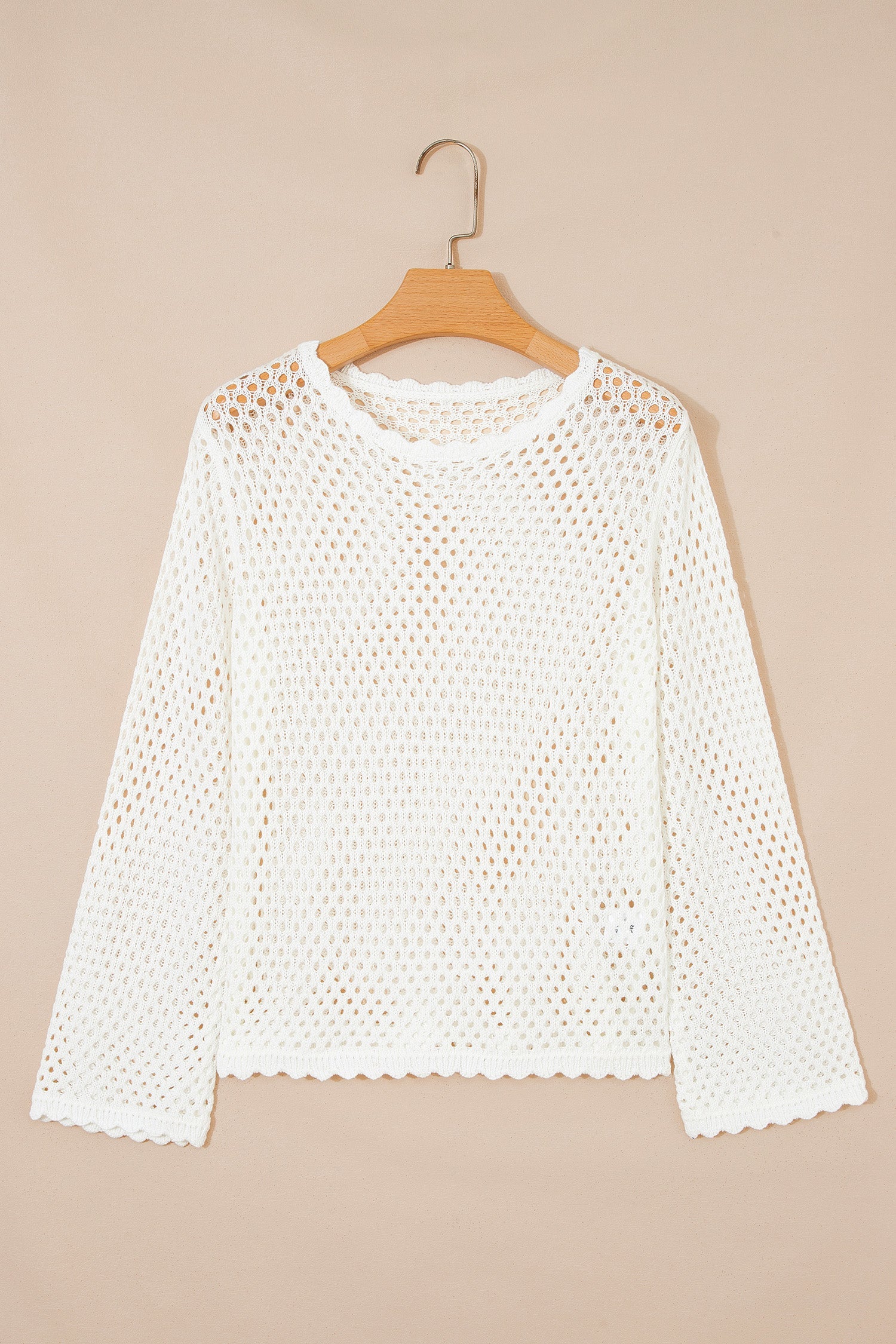 White Scalloped Trim Hollow Out Knit Long Sleeve Top