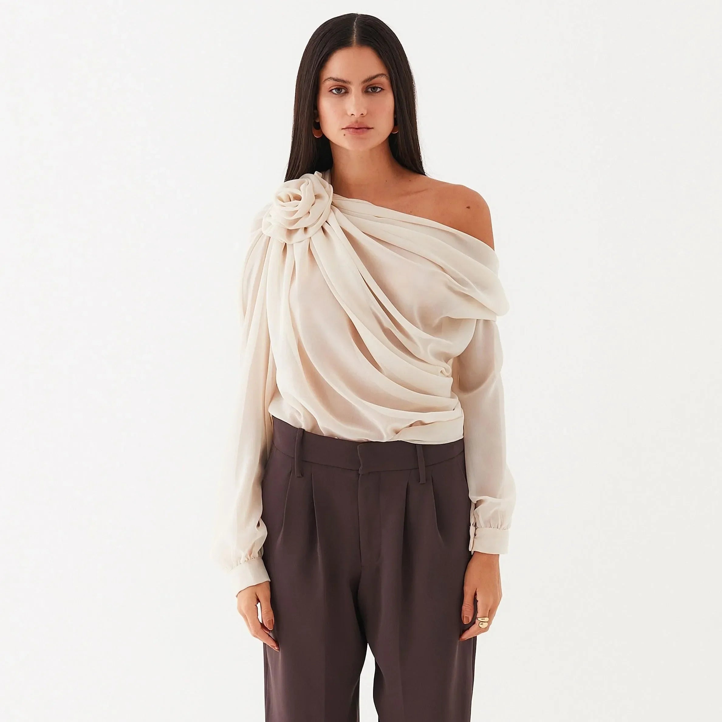 Fab-u-la’s Champagne Asymmetrical Draped Blouse